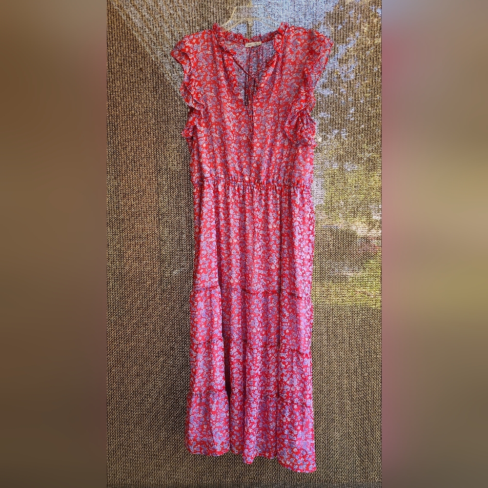 Black Tape  Pink Dress with Blue and Periwinkle Flowers, Flutter Sleeves
